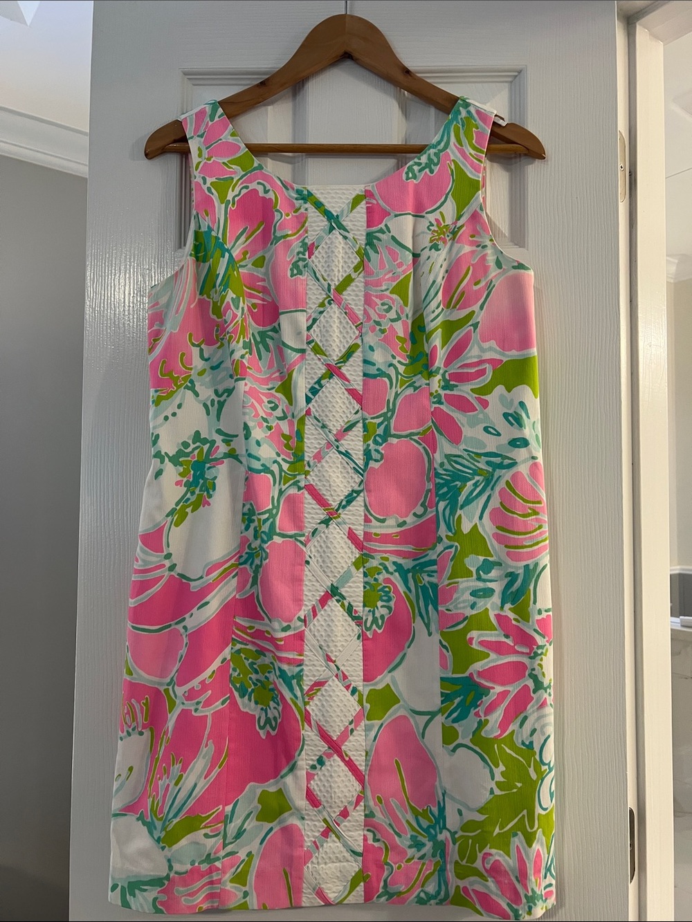 Lilly Pulitzer Pink, Green & White Sleeveless Shift Dress with Lattice Detail